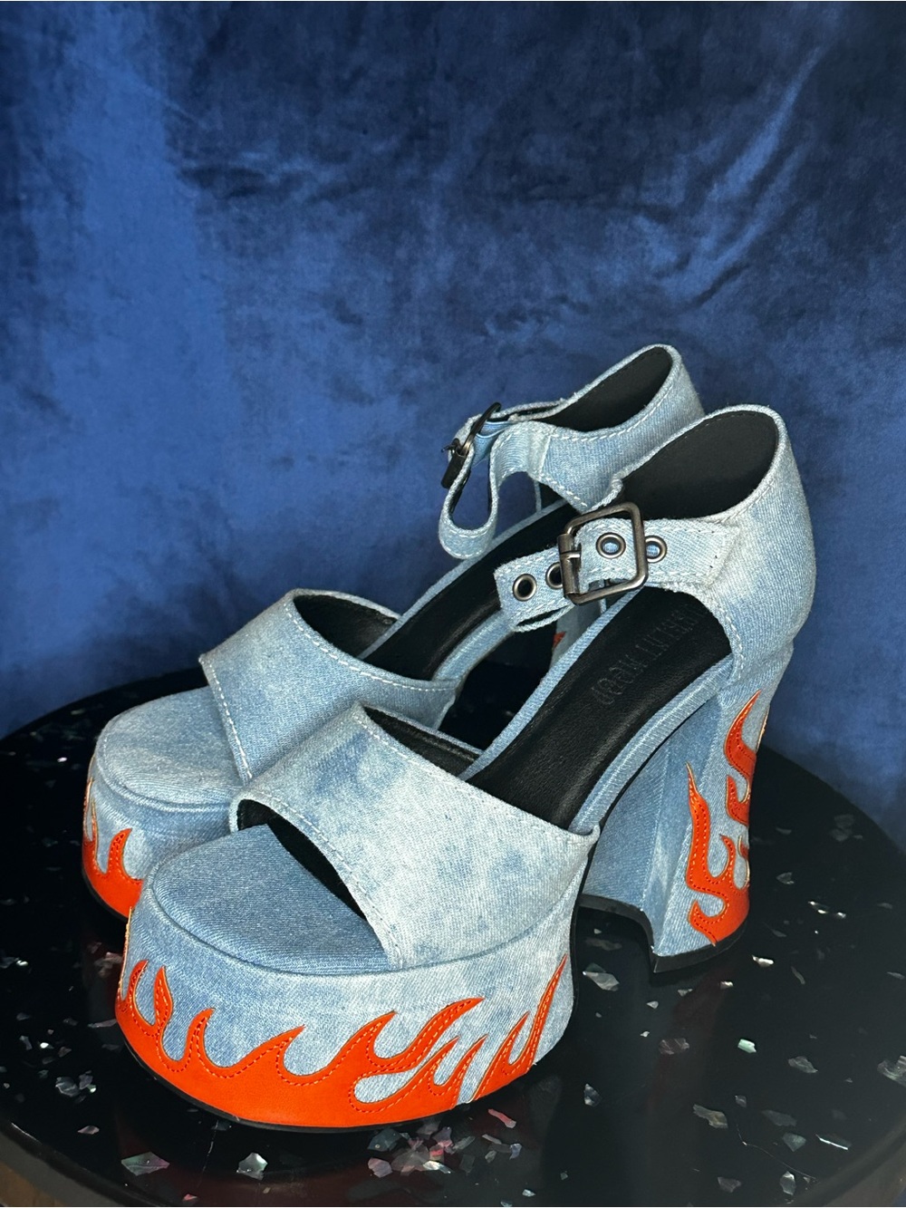 Current Mood Light Blue Denim Platform Heels with Flame Detail
